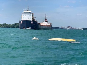 A capsized powerboat that the Essex County OPP Marine Unit rescued five people from in the Detroit River near LaSalle on Aug. 8, 2020.