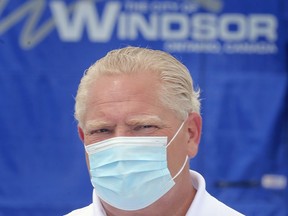 Premier Doug Ford is shown at the City of Windsor public works yard on Crawford Avenue on Thursday, August 13, 2020 where he held a press conference.
