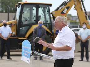Premier Doug Ford speaks at the City of Windsor public works yard on Crawford Avenue on Thursday, August 13, 2020 during a press conference.