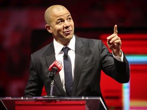 Jarome Iginla Calgary Flames all-time leader in points and games played during his jersey retiring ceremony at the Scotiabank Saddledome in Calgary on Sunday, March 3, 2019.