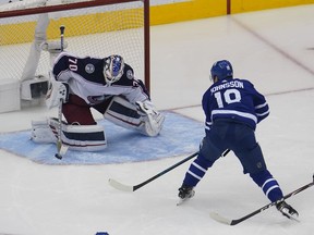 Columbus Blue Jackets goaltender Joonas Korpisalo (70) makes a save on Toronto Maple Leafs forward Andreas Johnsson (18) during the third period of game five of the Eastern Conference qualifications at Scotiabank Arena on Aug. 9, 2020. Columbus eliminated Toronto with a win.