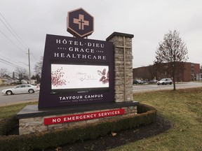 The Hotel-Dieu Grace Healthcare sign is shown on December 21, 2018.