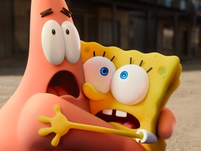Patrick (voiced by Bill Fagerbakke) and SpongeBob (voiced by Tom Kenny) get a fright in The SpongeBob Movie: Sponge on the Run.