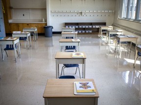 A classroom set up for social distancing is seen at St. Joseph Catholic Elementary School in River Canard as schools prepare for students returning in September, Thursday, August 6, 2020.