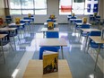 A classroom with social distancing measures in place is seen at St. Thomas of Villanova Catholic High School in LaSalle on Aug. 6, 2020. Schools have been preparing to reopen in September during the COVID-19 pandemic.