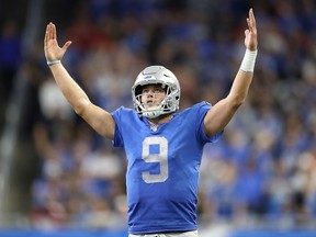 Matthew Stafford of the Detroit Lions celebrates a late fourth quarter touchdown during the game against the Kansas City Chiefs at Ford Field on Sept. 29, 2019, in Detroit, Michigan