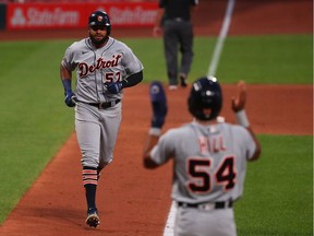 Jorge Bonifacio #57 of the Detroit Tigers rounds the bases after hitting a game-winning two-run home run against the St. Louis Cardinals in the seventh inning during game two of a doubleheader at Busch Stadium on Sept. 10, 2020 in St Louis, Missouri.