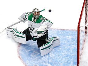 Anton Khudobin #35 of the Dallas Stars eyes the puck against the Vegas Golden Knights during the third period in Game One of the Western Conference Final during the 2020 NHL Stanley Cup Playoffs at Rogers Place on Sept. 6, 2020, in Edmonton.