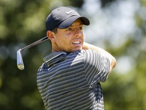 Rory McIlroy plays a shot from ninth tee during the second round of the Charles Schwab Challenge golf tournament at Colonial Country Club, Fort Worth, Texas, June 12, 2020.