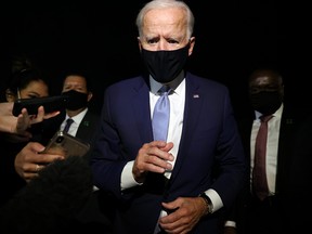 Democratic U.S. presidential nominee and former Vice President Joe Biden speaks to reporters before departing on his campaign plane from Wilkes-Barre Scranton airport in Scranton, Pa., Sept. 17, 2020.