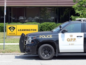 Leamington, Ontario. June 10, 2020. OPP Leamington cruisers are parked at the headquarters on Clark Street West Wednesday.