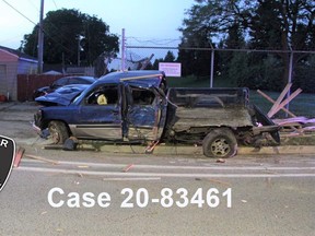 A stolen blue Chevrolet Silverado crashed into a parked vehicle on Seminole Street in Windsor on Sunday, Sept. 13, 2020.