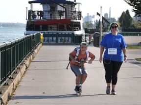 Virtual Kidney Walk participants Heather Snow and her son, Wesley Snow, 10, travel along Windsor's riverfront trail at Dieppe Park Sunday morning.  Heather's husband and Wesley's father Jason Snow is a kidney dialysis patient. Hundreds of area residents took part in 2020 Virtual Kidney Walk, though there was no official start and route during COVID-19.  Participants were encouraged to walk, dance, cycle, skateboard and run, anywhere.