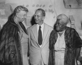 August 4, 1954: “Emancipation celebrations ended in Jackson Park last night with a speech by Mrs. Eleanor Roosevelt, as the highlight of the program.  Seen above in discussion are, left to right, Mrs. Roosevelt, Mr. Hugh Graybiel, President of the Windsor Star, and Dr. Mary McLeod Bethune, Founder of the National Council of Negro Women, who also attended the celebrations of the four-day emancipation.”  McLeod Bethune was refused a room at the Prince Edward Hotel in Windsor.