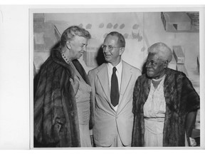 August 4, 1954: "Emancipation celebrations concluded at Jackson Park last evening with a speech by Mrs. Eleanor Roosevelt, as the highlight of the program. Seen above in discussion are, left to right, Mrs. Roosevelt, Mr. Hugh Graybiel, president of the Windsor Star, and Dr. Mary McLeod Bethune, founder of the National Council of Negro Women, who also attended the four-day Emancipation celebrations." McLeod Bethune was denied a room at Windsor’s Prince Edward Hotel.