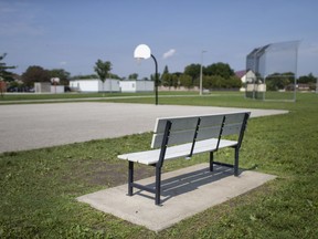 A bench at Superior Park in the 1700 block of Totten Street in Windsor, photographed Sept. 1, 2020. A group bullying and assault incident that was recorded on video took place at the bench.