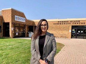 Farah El-Hajj, a candidate in Windsor's Ward 7 byelection, stands outside the Forest Glade Community Centre on Sept. 25, 2020.