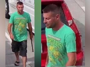 Surveillance camera images of an enraged man who wielded a baseball bat to threaten a driver and damage a vehicle on Huron Church Road in Windsor on Sept. 2, 2020.