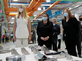 General Motors Co. CEO Mary Barra (R) hosts Ivanka Trump and Deputy Secretary of the U.S. Department of Commerce Karen Dunn Kelley (C) for a tour of a GM training center in Warren, Michigan, U.S. September 2, 2020.