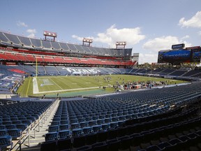 A wide view of the interior of Nissan Stadium during the second half of a 33-30 Tennessee Titans victory over the Jacksonville Jaguars on September 20, 2020 in Nashville, Tennessee. Fans were not allowed to attend due to Corona virus precautions.
