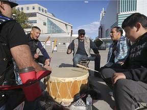 "It's a show of resistance." Native drummers with the Can-Am Indian Friendship Centre participate in a protest at Charles Clark Square on Wednesday, Oct. 7, 2020. The small group held the protest in front of the Superior Court of Ontario, which is dealing with a disputed property issue.