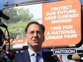 Windsor West MP Brian Masse address media in front of one his billboards promoting his position on an Ojibway Shores national park, photographed on Division Road in August 2019.
