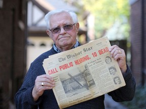 "Scene of utter devastation and chaos." Walt McCall, now 82, was a rookie Windsor Star reporter and one of the first on the scene when a deadly explosion destroyed Windsor's Metropolitan department store on Oct. 25, 1960. Here, he's shown on Friday, Oct. 23, 2020, with a copy of the next day's Windsor Star front page, including his award-winning first-person account of the downtown tragedy.