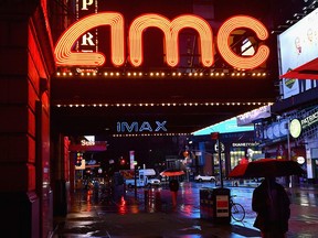 View of a closed AMC movie theater near Time Square on October 12, 2020 in New York.
