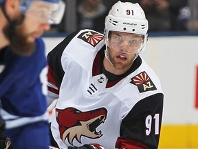 Taylor Hall of the Arizona Coyotes skates against the Toronto Maple Leafs during an NHL game at Scotiabank Arena on Feb. 11, 2020 in Toronto.