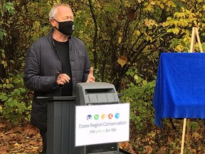 Amherstburg Community Foundation president Richard Peddie speaks during an announcement for the creation of a new wetland and cycling trail.