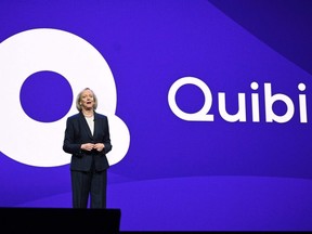 In this file photo Quibi CEO Meg Whitman speaks about the short-form video streaming service for mobile Quibi during a keynote address at the 2020 Consumer Electronics Show in Las Vegas, Jan. 8, 2020.