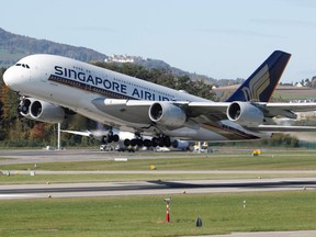 An Airbus A380-800 aircraft of Singapore Airlines takes off from Zurich airport, Switzerland October 16, 2019. PHOTO BY ARND WIEGMANN/REUTERS.