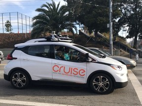 FILE PHOTO: A Cruise self-driving car, which is owned by General Motors Corp, is seen outside the company's headquarters in San Francisco where it does most of its testing, in California, U.S., September 26, 2018.  Picture taken on September 26, 2018.