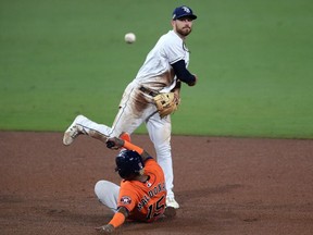 Houston Astros catcher Martin Maldonado is out at second as Tampa Bay Rays second baseman Brandon Lowe throws to second during the sixth inning in game seven of the 2020 ALCS at Petco Park.