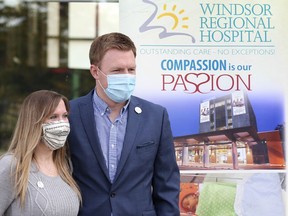 Caitlin Collins David and Adam David are shown during a press conference at the Windsor Regional Hospital Met Campus on Wednesday, October 14, 2020. The couple raised funds to purchase a CuddleCot for the hospital after the stillbirth of a daughter.