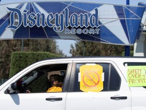 Coalition of Resort Labor Unions representing Disney cast members stage a car caravan outside Disneyland California, calling for higher safety standards for Disneyland to reopen during the global outbreak of the coronavirus disease (COVID-19) in Anaheim, California, U.S., June 27, 2020.