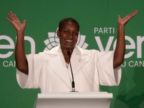 New Green party leader Annamie Paul celebrates after speaking at the leadership announcement in Ottawa, Saturday Oct. 3, 2020.