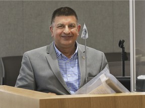 Welcome, councillor. Newly elected Ward 7 Coun. Jeewen Gill is shown on Tuesday, Oct. 6, 2020, in the council chambers seat he will occupy once he's sworn in.