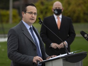 MP for Windsor-Tecumseh, Irek Kusmierczyk, who is joined by Mayor Drew Dilkens, speaks during a press event detailing a revamp project at Tranby Avenue and Tranby Park that will help fight flooding in East Windsor, Thursday, October 29, 2020.