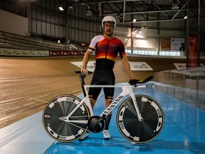 Windsor-based triathlete Lionel Sanders stands in the Mattamy National Cycling Centre in Milton, where he will attempt to break the Canadian "Hour Record" on Oct. 23, 2020.