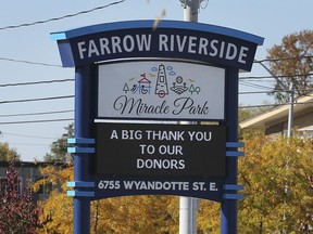 The Farrow Riverside Miracle Park sign is shown on Wednesday, October 28, 2020.