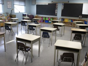 An empty classroom at St. Anne French Immersion Catholic Elementary School is seen in this 2020 file photo.