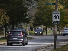 A speed limit sign of 40km/h is posted on Ypres Avenue, Wednesday, October 21, 2020.