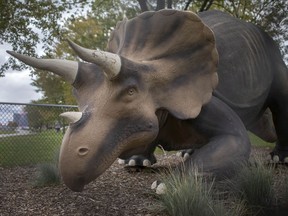 A sculpture of a triceratops in Windsor's sculpture garden along the riverfront is seen, Thursday, Oct. 15, 2020..