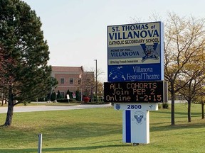 Exterior of St. Thomas of Villanova Catholic Secondary School in LaSalle, Ontario, on Oct. 10, 2020.