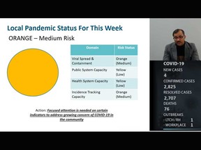 Dr. Wajid Ahmed, Medical Officer of Health for Windsor-Essex, shows the health unit's new colour-coded COVID-19 status indicator on Oct. 30, 2020.