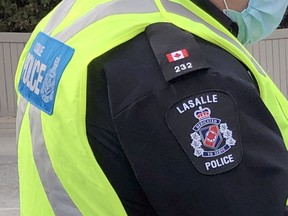 LaSalle Police handout photo from November 2020 showing officer wearing new shoulder flash.