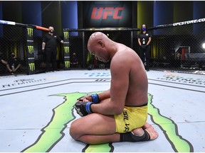 In this handout image provided by UFC, Anderson Silva of Brazil reacts after his loss to Uriah Hall in a middleweight bout during the UFC Fight Night event at UFC APEX on October 31, 2020 in Las Vegas, Nevada.