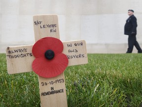 A man pays his respects at the National Memorial Arboretum in Alrewas, following a 'virtual' Act of Remembrance from the Armed Forces Memorial which is was broadcast to others via Facebook and YouTube during Remembrance Sunday on November 8, 2020 in Stafford, England.