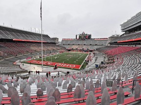 The Ohio State Buckeyes kick off to the Indiana Hoosiers at Ohio Stadium on November 21, 2020 in Columbus, Ohio. Ohio Stadium can hold more than 100,000 fans but had none present as the Buckeyes defeated the Hoosiers 42-35.